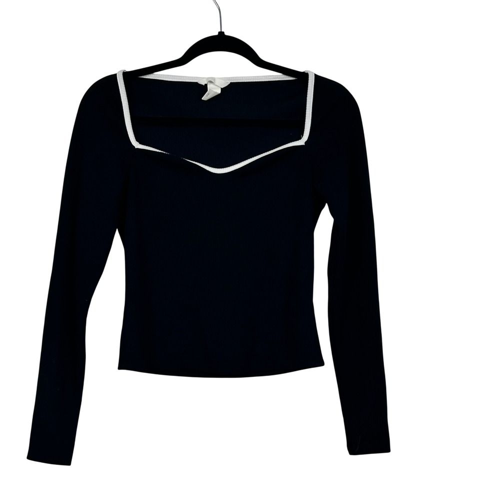 H&M Top Womens Medium Black White Contrast Long Sleeve Ribbed Square Neck Notch